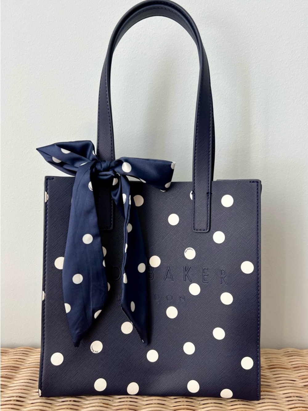 Ted Baker London Navy Polka Dot Tote Bag Bow Detail NWT Structured